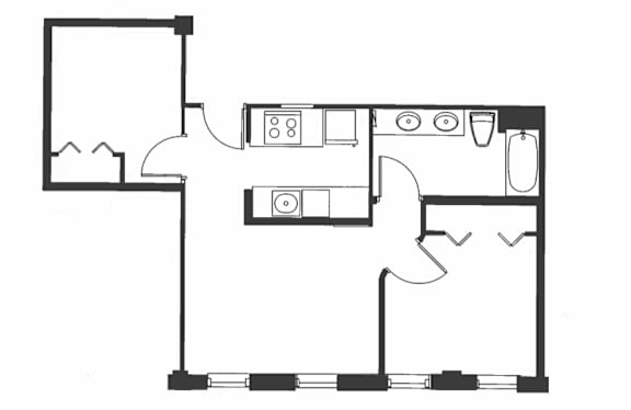 A black and white drawing of a house layout.