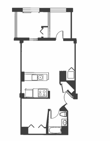 Floor Plan  A black and white drawing of a house with a kitchen, living room, and bedrooms.
