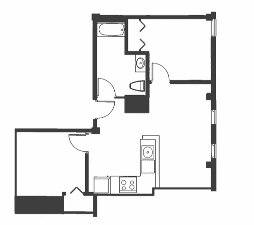 A black and white image of a floor plan with a kitchen, living room, and two bedrooms.