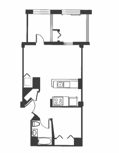A floor plan of a house with a kitchen, living room, and two bedrooms.