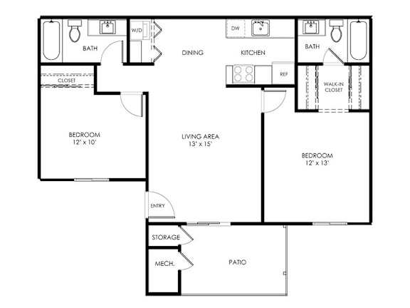 A floor plan of a house with two bedrooms, a living area, a kitchen, a dining area, a bathroom, a patio, and storage.