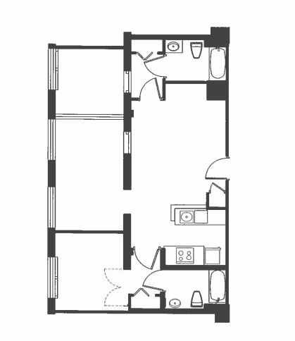 A black and white image of a floor plan for a small apartment.
