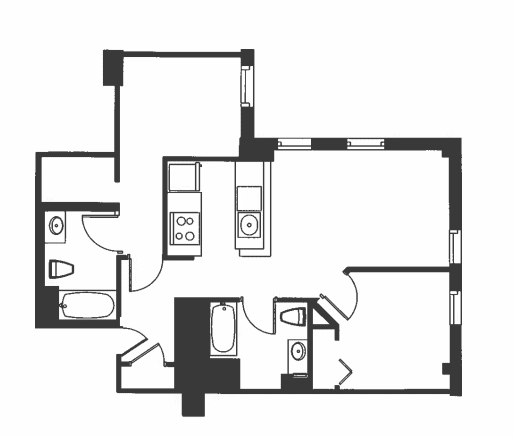A black and white drawing of a house layout with a kitchen, living room, and two bedrooms.