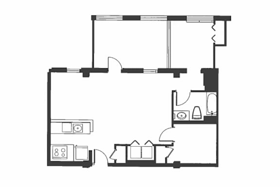 A black and white drawing of a house with a kitchen, living room, and bathroom.