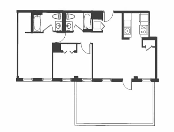 A black and white drawing of a house layout.