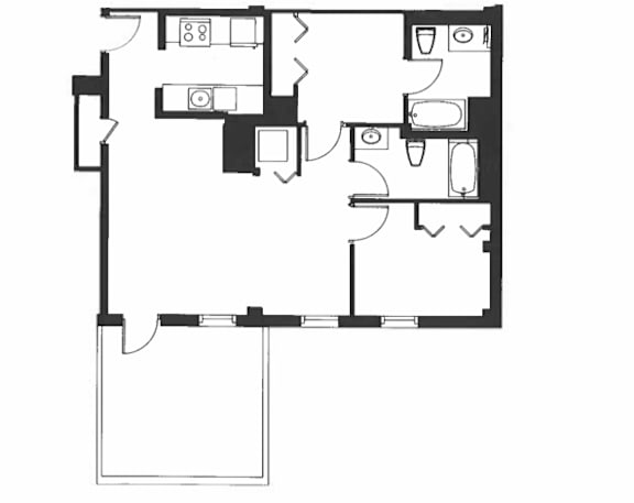 A black and white image of a floor plan with rooms and furniture.