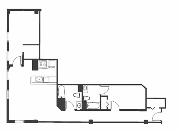 A black and white floor plan of a house with a kitchen, living room, and bathroom.
