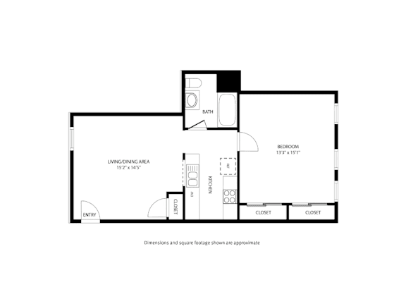 A floor plan of a small apartment with a living area, bedroom, and bathroom.