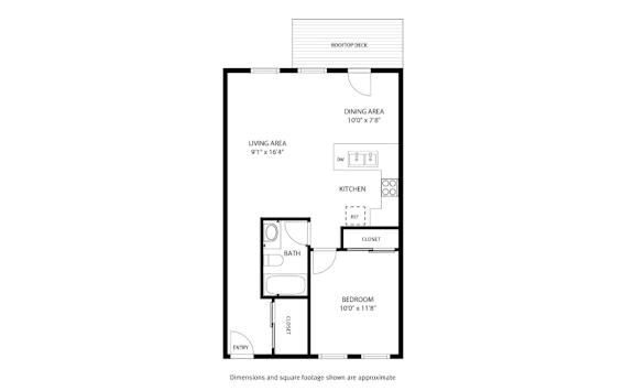 A floor plan of a small apartment with a living area, dining area, kitchen, bathroom, and bedroom.