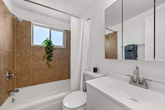 A bathroom with a white sink, toilet, and a window with a plant on it.