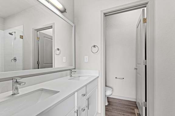 Bathroom with a large mirror and a sink and a toilet at The Point at Biscay, Aurora, CO, Colorado