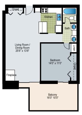 A floor plan of a home with a living room, dining room, kitchen, bathroom, bedroom, and balcony.