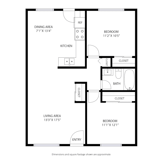 A black and white image of a floor plan for a home with a dining area, kitchen, living area, and two bedrooms.
