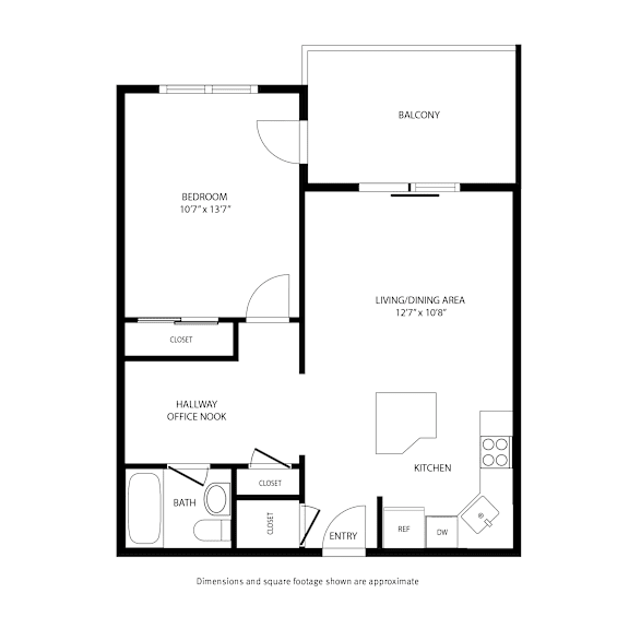 A black and white floor plan of a house with a balcony, bedroom, living/dining area, kitchen, bathroom, hallway, office nook, closet, entry, and a reference to a dining table.