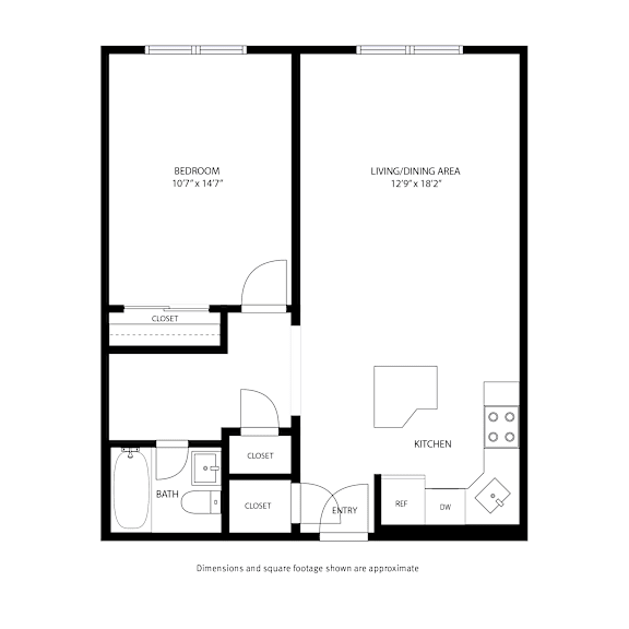A black and white floor plan of a small apartment with a bedroom, living/dining area, kitchen, bathroom, entry, and closets.