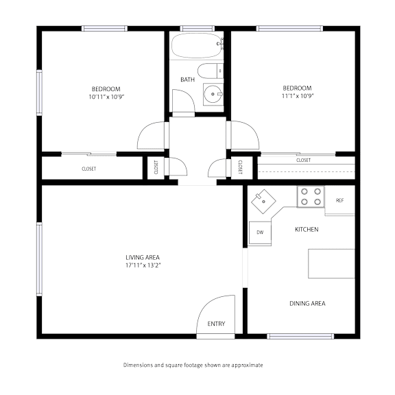 A floor plan of a house with two bedrooms, a living area, a dining area, a kitchen, a bathroom, and two closets.