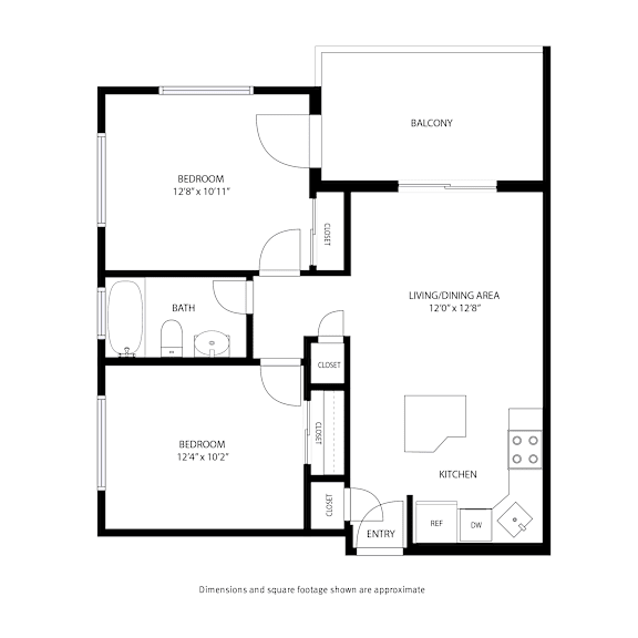 A floor plan of a house with a balcony, two bedrooms, a bath, a living/dining area, a kitchen, a closet, and an entry.