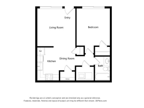 A black and white drawing of a house layout with a living room, dining room, kitchen, and bedroom.