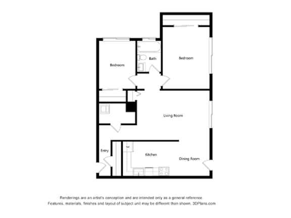 A black and white drawing of a house layout with a living room, dining room, kitchen, and three bedrooms.
