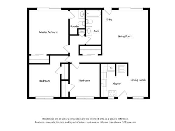 A black and white drawing of a house layout with a living room, dining room, kitchen, and three bedrooms.