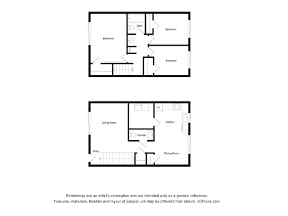 Two floor plans of a house with a living room, dining room, kitchen, and three bedrooms.