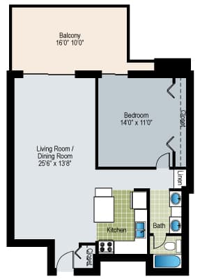 A floor plan of a house with a living room, dining room, kitchen, bathroom, and balcony.
