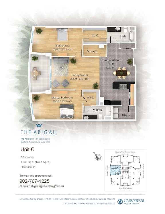 A floor plan for apartment unit C at The Abigail, showing a living room, two bedrooms, a dining/kitchen area, and bathrooms.