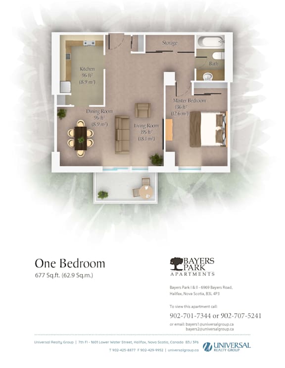 A floor plan for a one bedroom apartment at Bayers Park Apartments.