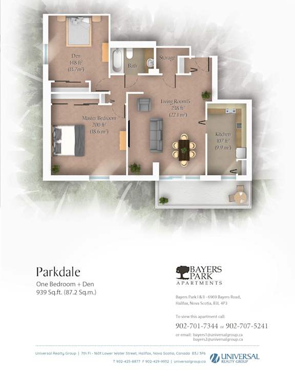 A floor plan for a one bedroom apartment with a den is shown.