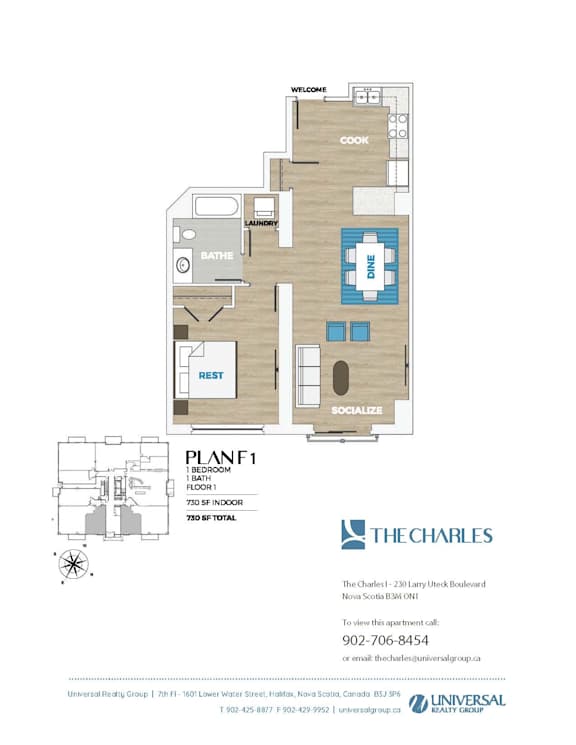 A floor plan for an apartment named The Charles shows a living room, two bedrooms, a bathroom, and a laundry room.