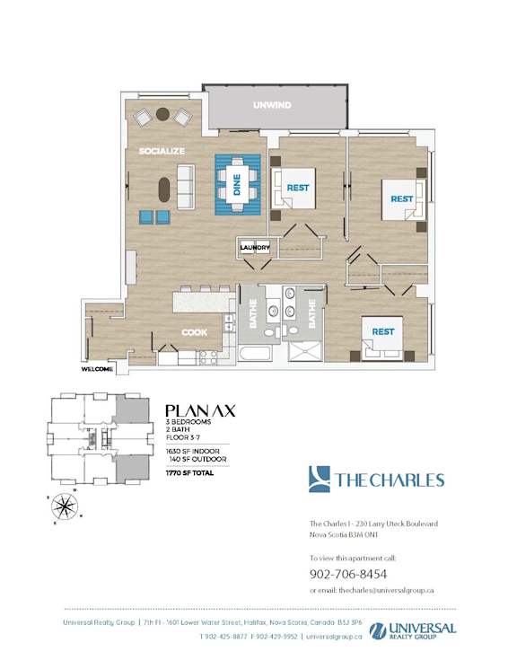 A floor plan for a 3 bedroom, 2 bathroom apartment.