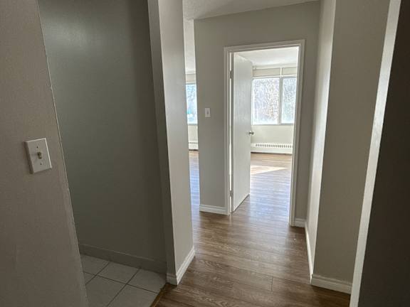 A hallway with a white door leading to another room.