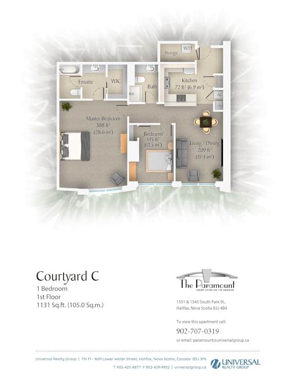 A floor plan for a one bedroom apartment at The Paramount.