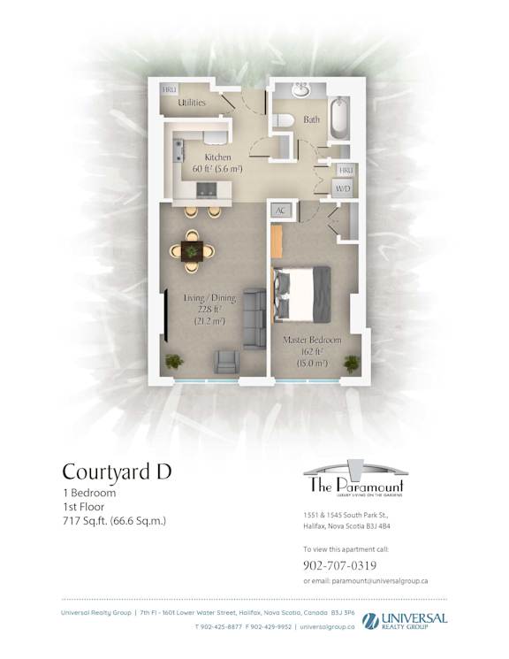 A floor plan for a one bedroom apartment at The Paramount.