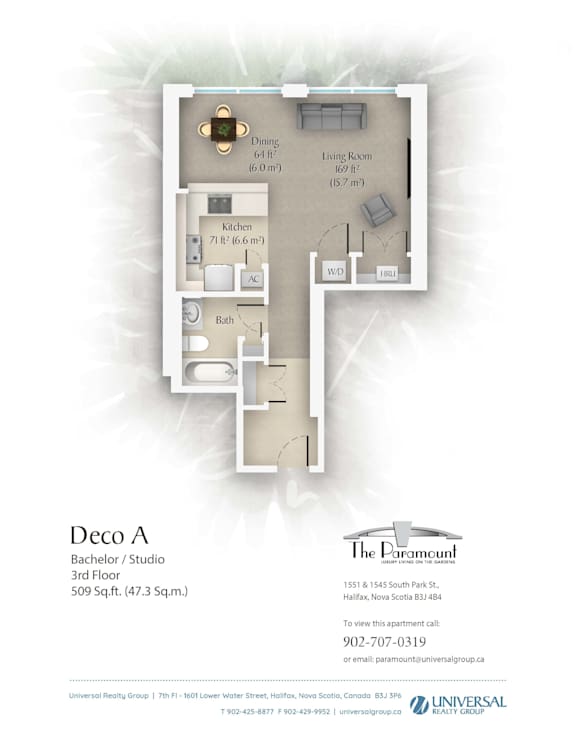 A floor plan for a studio apartment at The Paramount, showing a kitchen, living room, and bathroom.