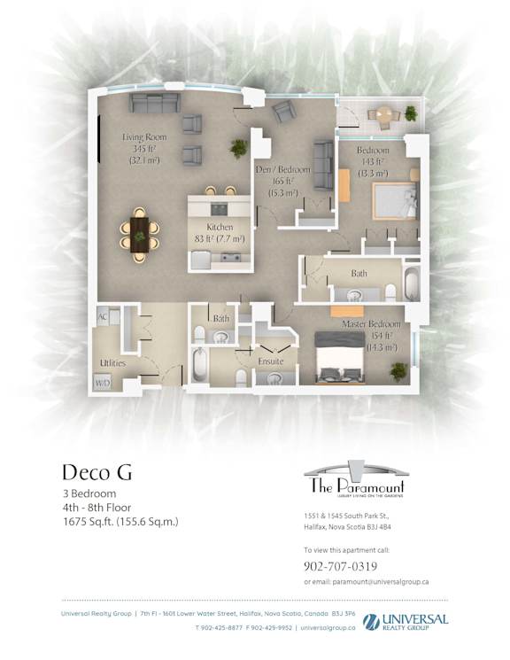 A floor plan for a 3 bedroom apartment at The Paramount.
