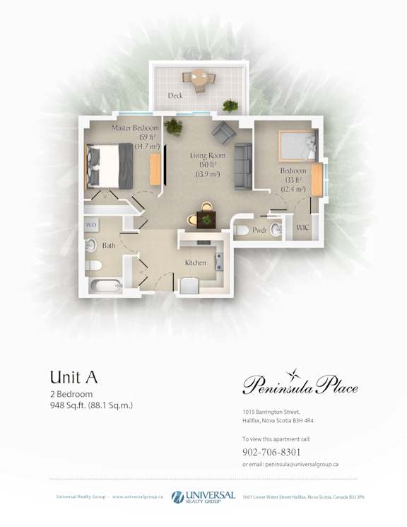 A floor plan for a unit at Peninsula Place shows a living room, two bedrooms, a kitchen, and a bathroom.