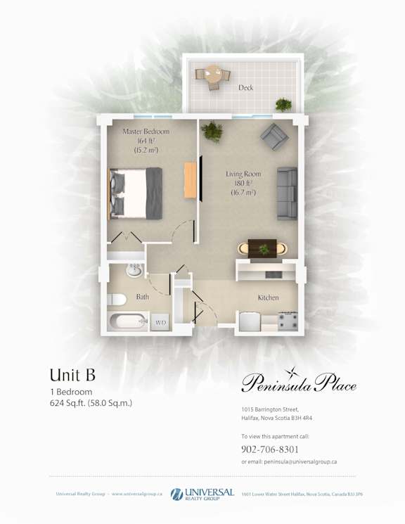 A floor plan for Unit B at Peninsula Place shows a living room, kitchen, and two bedrooms.
