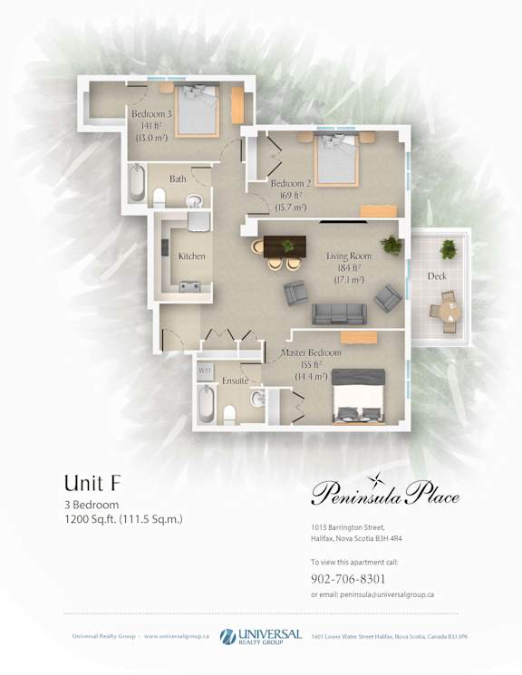 A floor plan for Unit F, a 3 bedroom apartment, is displayed.
