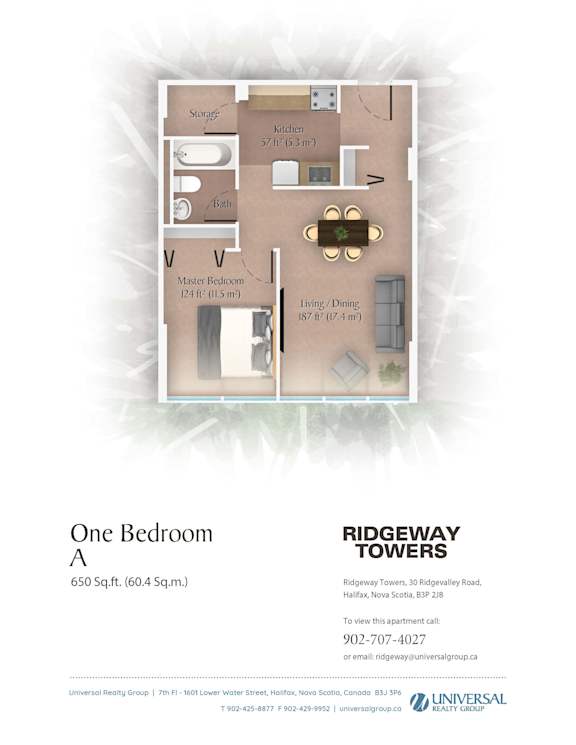 A floor plan for a one bedroom apartment at Ridgeway Towers.