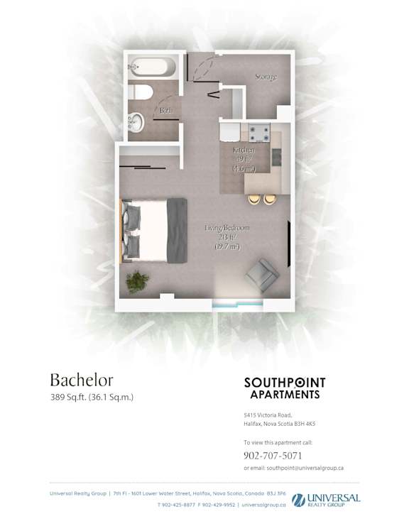 A floor plan for a Bachelor apartment at Southpoint Apartments.