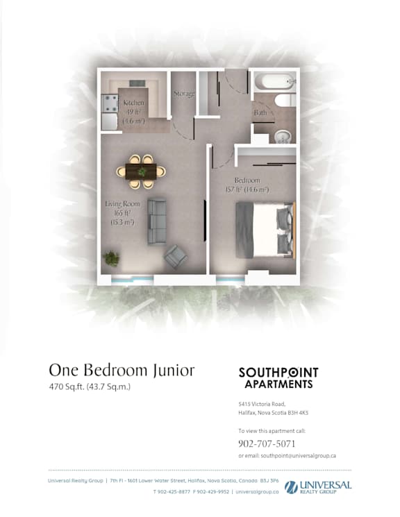 A floor plan for a one bedroom junior apartment.