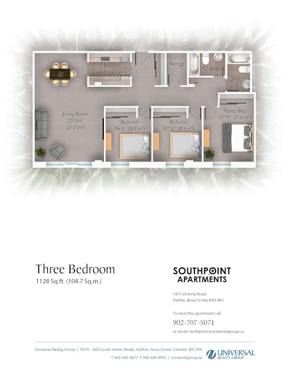 A floor plan for a three bedroom apartment is shown.