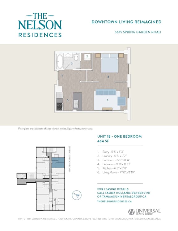A floor plan for a one bedroom apartment at The Nelson Residences.
