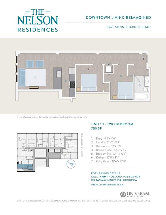 A floor plan for a two bedroom apartment at The Nelson Residences.