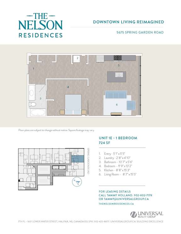 A floor plan for a 1 bedroom apartment at The Nelson Residences.