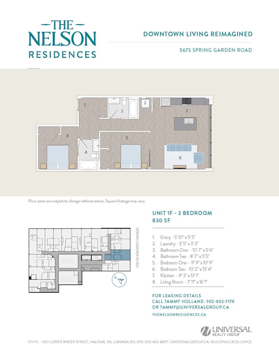 A floor plan for a 2 bedroom apartment at The Nelson Residences.