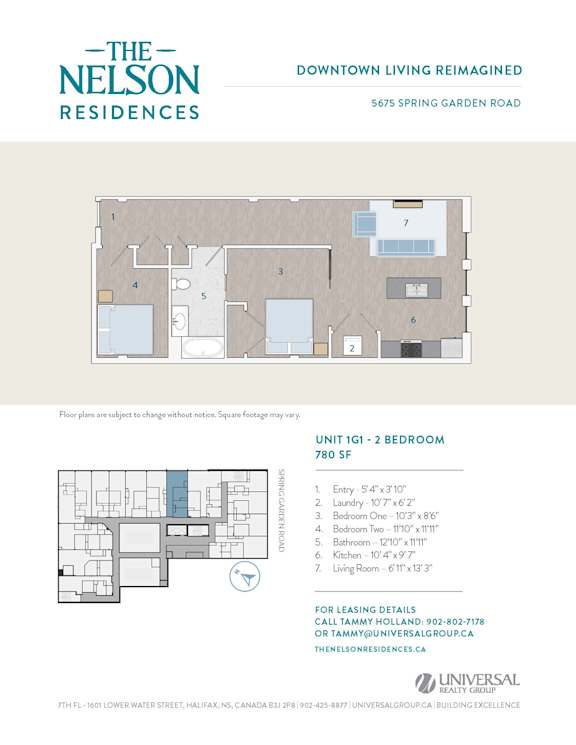 A floor plan for a 2 bedroom apartment at The Nelson Residences.