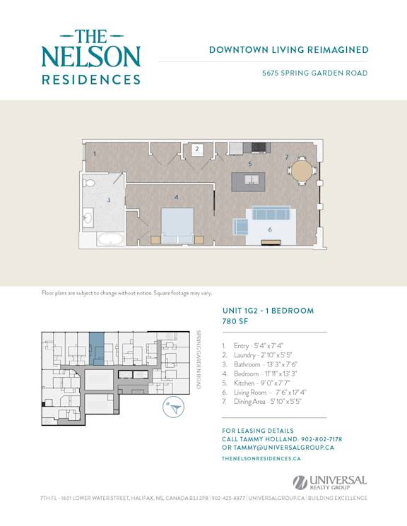A floor plan for a 1 bedroom apartment at The Nelson Residences.