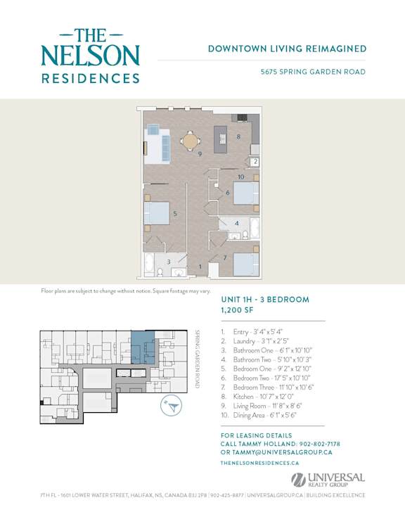 A floor plan for a 1,200 square foot unit with three bedrooms and two bathrooms is shown.